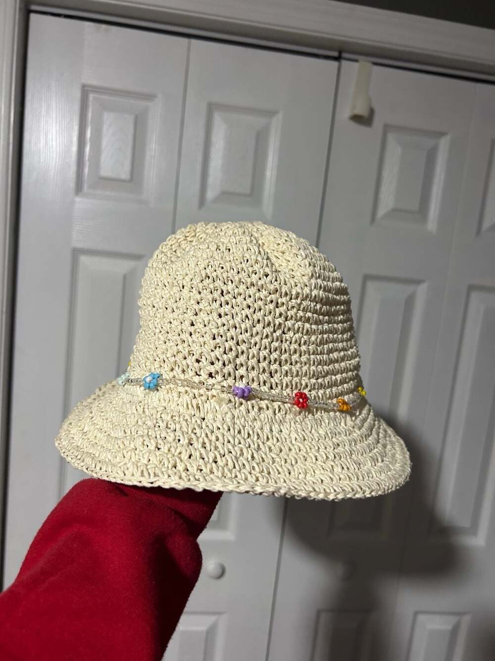 Steve Madden Beaded Flower Straw Bucket Hat